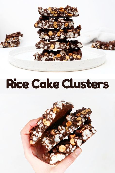 Decadent and Crunchy Dark Chocolate Rice Cake Clusters with an extra nutty kick. These Rice Cake Clusters are Vegan, Gluten Free, and 100% Delicious! Chocolate Rice Cakes, Vegan Sweets, Rice Cakes, Vegan Gluten Free, Dark Chocolate, Vegan Recipes, Gluten Free, Rice, Cake