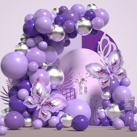 PRICES MAY VARY. 【Purple Balloon Garland Kit】Purple balloon arch kit includes:18"(pastel purple+metallic silver)* 2pcs,12"(light purple+dark purple+pastel purple)*18pcs,12"metallic silver*10pcs,5"(light purple+dark purple+pastel purple)*30pcs,5"metallic silver*10pcs,100*75cm purple butterfly*2pcs,10m ribbon* 1,100 dots glue*1,5m balloon tape*1. 【Butterfly Decorations Balloons】The purple balloon kit includes a variety of purple and silver balloons in different sizes to create a visually appealing 2k Party Theme, Purple Quinceanera Decorations, Lilac Quinceanera Decorations, Balloons Decorations For Birthday, Butterfly Balloon Arch, Formal Decor, Butterfly Balloon, Purple Balloon, Silver Balloons