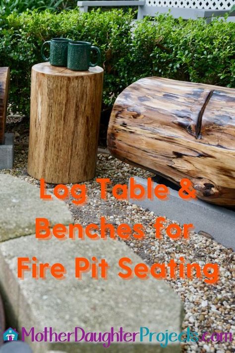 Check out this fun outdoor tree stump bench idea. Upgrade your outdoor fire pits experience with a wooden and concrete bench and table. This fun seat idea is a great way to get outside and enjoy your fire pit. #diy #logbench #firepit Diy Stump Stool, Campfire Benches Diy, Campfire Seating, Tree Stump Bench, Stump Bench, Stump Fire Pit, Campfire Bench, Fire Pit Bench, Bench And Table