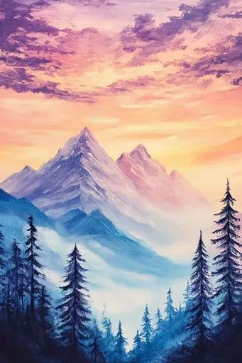 ↑↑↑ Larger size on website 🔸 A painting depicting a mountain range under a vibrant sunset sky. The sky is a mixture of purple, pi 🔸 From Midjourney AI Image Evergreen Trees Painting, Purple Mountain Majesty, Painting 101, Mountain Pictures, Fluffy Clouds, Purple Themes, Mountain Sunset, Evergreen Trees, Sunset Sky