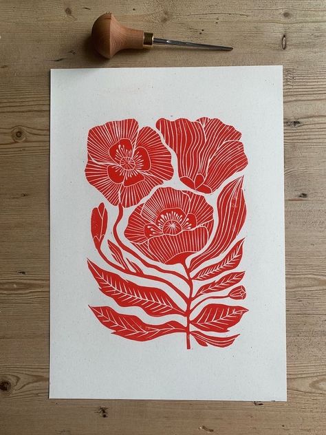 Linocut Print Flowers, Flower Linoleum Print, Linocut Art Ideas Flowers, Colorful Art Print, Floral Screen Print, Poppy Flower Pattern, Poppy Lino Print, Cheetah Linocut, Floral Printmaking