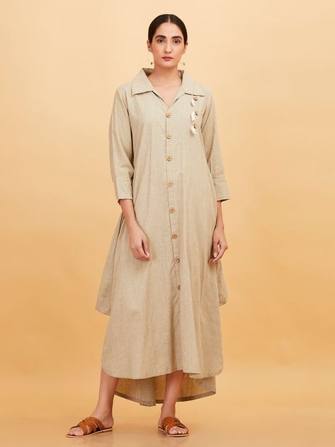 Beige Khadi High Low Shirt Dress Shirt Kurta Woman, High Neck Collar Kurti Design, Shirt Collar Kurti Design, Shirt Collar Kurti, वेस्टर्न ड्रेस, Mulmul Kurta, Army Photography, Collar Kurti Design, Summer Dress Mini