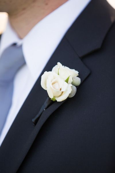 #boutonniere #boutonnieres #modernboutonniere #whiteboutonnniere #eternalbridal http://www.stylemepretty.com/little-black-book-blog/2014/09/25/elegant-chicago-wedding-at-fultons-on-the-river/ Boutonniere Eucalyptus, Spray Roses Boutonniere, Ring Bearer Boutonniere, Grooms Suits, Silver Bouquet, Groom Flower, White Rose Boutonniere, Lee Petra Grebenau, Grooms Suit