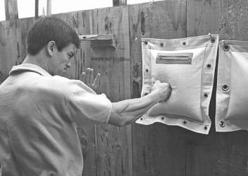 Bruce Lee - Wall Bag. For a more punishing punch, Lee selects the canvas bag. He usually had three bags hanging on the wall. One filled with sand, another filled with gravel or beans and the third with steel sawdust found in any machine shop. Bruce Lee Workout, One Inch Punch, Bruce Lee Training, Back Workout Routine, Bruce Lee Martial Arts, Wing Chun Kung Fu, Motivation Youtube, Kung Fu Martial Arts, Bruce Lee Quotes