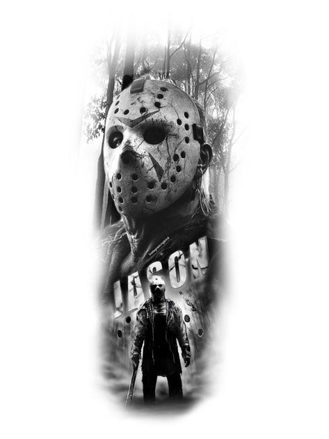 Jason Voorhees Art Drawing, Jason Horror Tattoo, Freddy Tattoo Design, Horror Movie Tattoo Designs, Jason Tattoo Design, Jason Tattoo Friday The 13th, Tattoos Horror Movies, Jason Voorhees Tattoo Designs, Jason Vorhees Tattoo