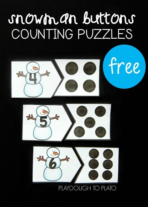 Free snowman counting puzzles for preschool or kindergarten. Fun winter math center or counting game! Easy Christmas Games, Snowman Counting, Winter Math Centers, Playdough To Plato, Counting Puzzles, Snowmen Activities, Winter Classroom, Prek Math, Winter Kindergarten