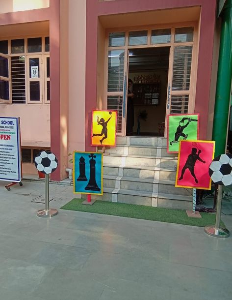 Sports Gala Decoration Ideas For School, Sports Meet Poster, Sports Decorations School, Sports Day Theme Ideas, Sports Day Decoration Ideas School, Math Exhibition, Sports Day Games, Sports Day Activities, Sports Day Decoration