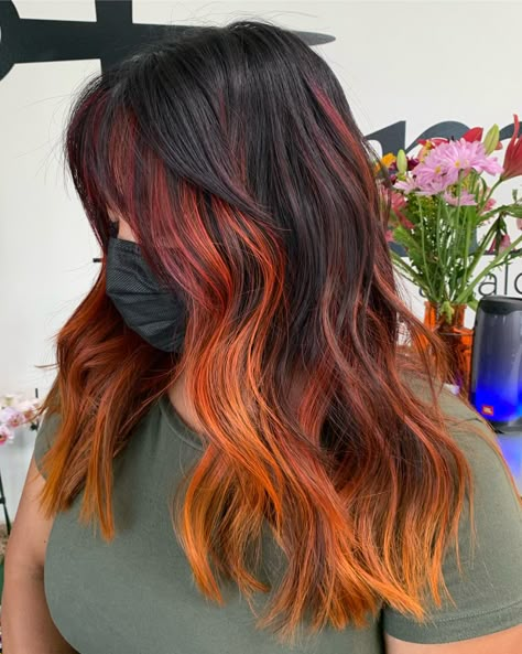 Colored Fall Hair, Fall Hair Color Ideas Balayage, Hair Color Ideas For Brunettes Orange, Fun Autumn Hair Color, Orange And Black Ombre Hair, Orange Lowlights In Brown Hair, Red And Orange Balayage, Fall Halloween Hair Color, Dark Brown To Orange Ombre