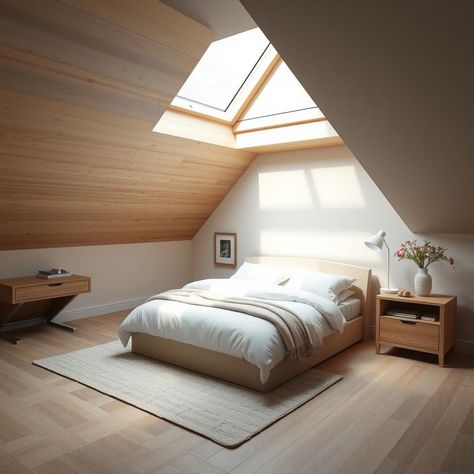 Create a serene bedroom in your attic with skylights that bring in calming natural light 🌿 #sereneattic #skylightvibes Bedroom Skylight Ideas, Skylight In Bedroom, Sloped Roof Bedroom, Bedroom With Skylight, Skylight Bedroom, Attic Master Suite, Dads Room, House Fashion, Serene Bedroom