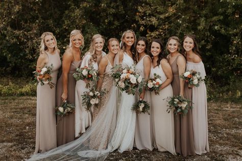 Wedding Colors With Champagne Dress, Beach Wedding Bridesmaid Dresses Neutral, Bridesmaids Mixmatch Dresses, White And Greenery Wedding Bridesmaids, Taupe Mixed Bridesmaid Dresses, Different Color Champagne Bridesmaid Dresses, Natural Wedding Bridesmaid Dresses, Fall Bridesmaid Dresses Champagne, Greenery Bridesmaid Dresses