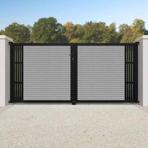 Hudson Aspen Straight Top Driveway Gate - Light Grey - End Screen – Charles & Ivy Contemporary Gates, Main Gates, Custom Driveway, Showroom Inspiration, Gate Lights, House Main Gates Design, Aluminium Gates, Gate Post, Gate Designs