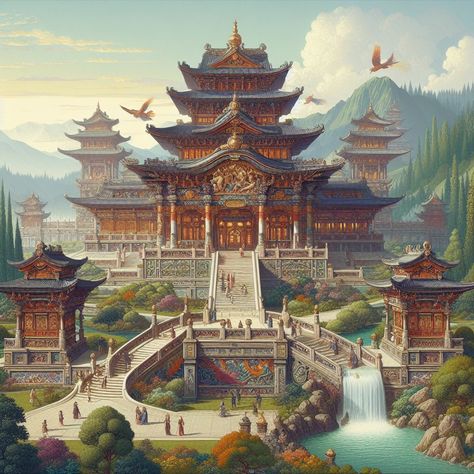 Japanese Palace Art, Japanese Fantasy Castle, Chinese Castle Fantasy Art, Chinese Palace Fantasy Art, Japanese Castle Art, Chinese Castle, Chinese Imperial Palace, Japanese Palace, Chinese Palace