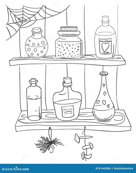 Coloring Page with Magic Potion. Stock Vector - Illustration of chemistry, danger: 81445886 Witch Shelf Drawing, Witch Potion Bottles Drawing, Potion Doodle, Shelf Doodle, Witch Doodles, Ancient Apothecary, Shelf Drawing, Coloring Pages For Adults Unique, Magic Doodle