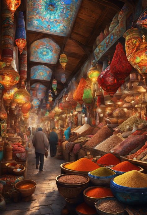 Spice Market Splendor Check more at https://paintlyx.com/spice-market-splendor/ Spice Market Aesthetic, Night Market Aesthetic, Radiant Citadel, Fantasy Market, Middle Eastern Market, Spice Village, Writing Science Fiction, Spice Market, City Decor