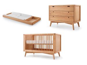 Baby Nursery Furniture Sets, Mid Century Modern Nursery, Mid Century Nursery, Modern Nursery Furniture, Retro Nursery, Wood Crib, Soft Close Drawer Slides, Nursery Room Inspiration, Crib Sets