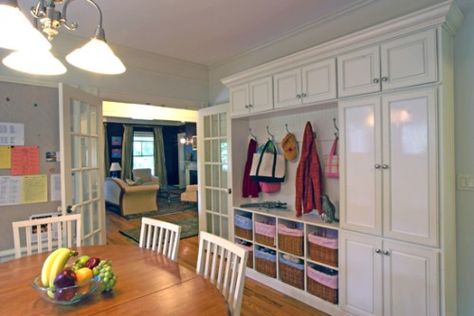 Used Kitchen Cabinets, Homework Room, Mudroom Cabinets, Ikea Billy Bookcase Hack, Ikea Billy Bookcase, Mudroom Design, Traditional Dining Room, Dining Room Combo, Laundry Mud Room