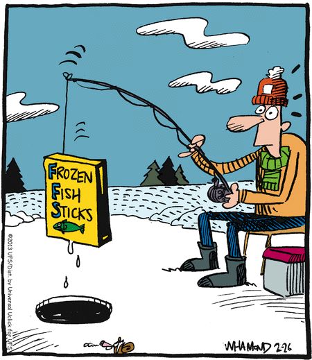 Frozen fish sticks. Reality Check on GoComics.com #humor #comics #IceFishing #Winter Funny Fishing Pictures, Calvin And Hobbes Wallpaper, Winter Jokes, Snow Humor, Fishing Jokes, Winter Humor, Kayak Memes Funny, Winter Fishing, Fish Memes Funny