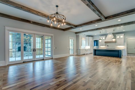 Is This the End of the Open Floor Plan? - The Decorologist Wood Beams On Ceiling Living Room Open Floor Plans, Wood Beams Open Floor Plan, Beams In Open Floor Plan, Open Floor Plan With Beams, Farmhouse Open Floor Plan Interior, Open Floor Plan Ceiling Ideas, Open Floorplan, Semi Open Floor Plan, Small Open Floor Plan