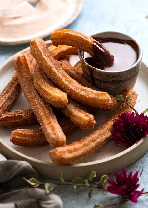 Plate of Churros Spanish Churros Recipe, Spanish Churros, Homemade Churros, Chocolate Dipping Sauce, Churros Recipe, Recipetin Eats, Recipe Tin, Food Obsession, Dipping Sauce