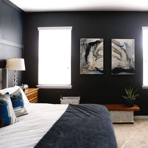 Benjamin Moore Soot Black Paint Bedroom Walls - Interiors By Color Boys Room Color Scheme, Black Lights Bedroom, Benjamin Moore Bedroom, Boys Room Colors, Black Walls Bedroom, Black Painted Walls, Dark Paint Colors, Bedroom Wall Paint, Bedroom Wall Colors