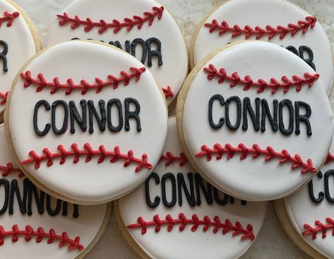 Baseball Cookies, Baseball Theme Birthday, Baseball First Birthday, Cookie Party Favors, Baseball Theme Party, Baseball Birthday Party, Cutout Sugar Cookies, First Birthday Party Themes, Baseball Birthday