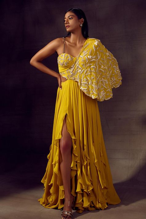 Yellow embroidered flowy gown for women Half Corset, Side Cape, Pearls Embroidery, Indian Dress Up, Flowy Gown, Indian Bridesmaid Dresses, Draping Fashion, Gown For Women, Golden Dress