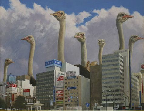 Giant Animals in Cityscapes Paintings Searching for Paradise is a series of oil paintings made by Japanese artist Shuichi Nakano. His surreal canvases depict pack of giant animals overhanging cityscapes. It dramatically illustrate the progressive invasion of humans destroying their natural environment and forcing them to find a place in our world. #xemtvhay Paradise Painting, City Backdrop, Giant Animals, Magic Realism, City Illustration, Lowbrow Art, Surrealism Painting, Cityscape Painting, Pop Surrealism