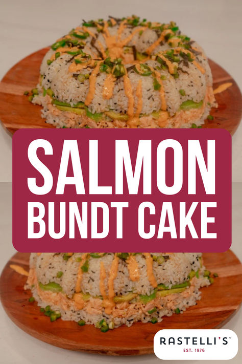 Salmon Bundt Cake Sushi Cake Recipe, Sushi Bundt Cake, Salmon Japanese, Japanese Mayo, Shichimi Togarashi, Sushi Cake, Bluefin Tuna, Black Sesame Seeds, Avocado Slices