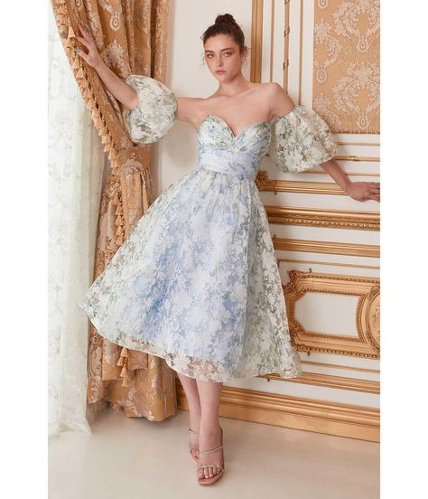 Detachable Puff Sleeves, Andrea And Leo, Tea Length Prom Dress, Tea Gown, Detachable Sleeves, Formal Wear Dresses, White Florals, Floral Gown, Empire Waistline