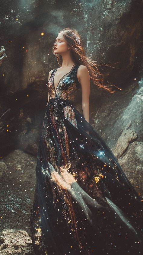 Explore the stars in a Sagittarius-inspired constellation dress, dazzling like a meteor shower. Perfect for the celestial wanderer on a cosmic adventure. #CelestialFashion Moon Dress Aesthetic, Starfall Gown, Sagittarius Dress, Astrology Dress, Celestial Gown, Celestial Clothing, Cosmic Woman, Constellation Dress, Celestial Fashion