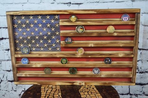 Challenge Coin Display Diy, Coin Holder Military, Military Coin Display, Leo Things, American Flag Wall Decor, Challenge Coin Holder, Gear Room, Custom Challenge Coins, Military Coins