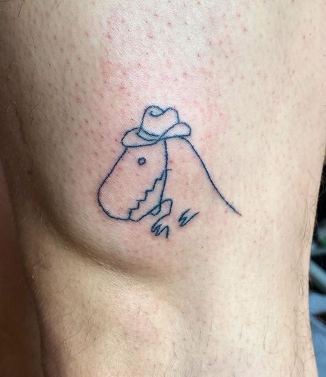 T Rex Bones Tattoo, Dinosaur With Cowboy Hat Tattoo, T Rex Tattoo Cute, Tex Tattoo, Tattoo Dinosaur, Rex Tattoo, T Rex Tattoo, Cowboy Hat Tattoo, Upper Thigh Tattoos