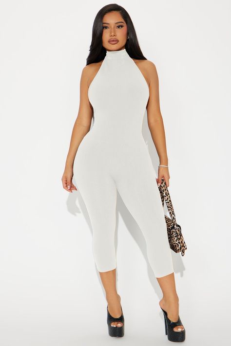 Available In Black And Off White. Jumpsuit Mock Neck Sleeveless Low Back Back Zipper Legging Capri Stretch Compression Rib 86% Rayon 14% Spandex Imported | Cassandra Snatched Capri Jumpsuit in Off White size Large by Fashion Nova Off White Jumpsuit, Capri Jumpsuit, Off White Fashion, Zipper Leggings, Capri Set, Play Suit, Color Block Leggings, Makeup Makeover, Jean Accessories