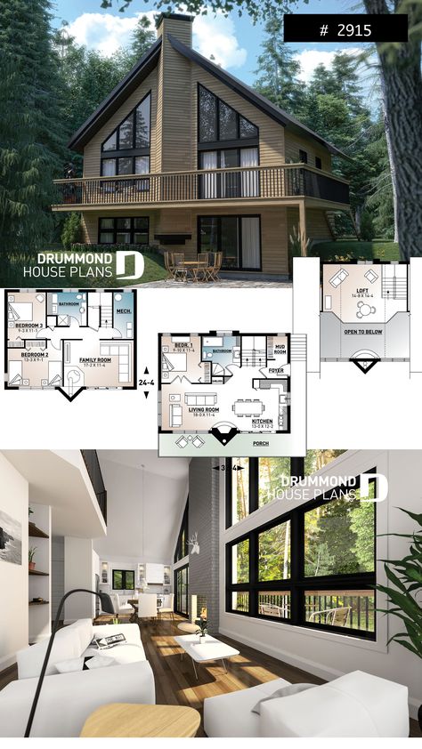 Affordable chalet plan with 3 bedrooms, open loft, cathedral ceiling and fireplace Chalet Plan Architecture, Cottage Plans With Loft, Chalet Plan, Chalet Plans, Chalet House Plans, Loft House Plans, Chalet Modern, Chalet House, Drummond House Plans