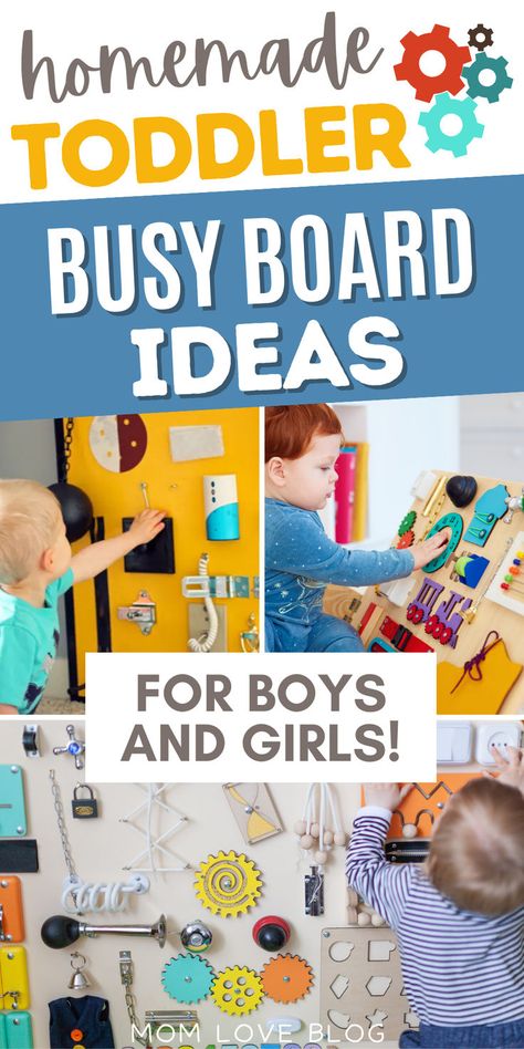 Collage of DIY toddler busy board ideas for boys and girls. Diy Toddler Busy Board, Busy Toddler Activities, Busy Board Ideas, Jungle Activities, Diy Busy Board, Diy Sensory Board, Toddler Busy Board, Busy Board Baby, Busy Boards