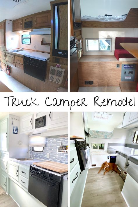 Camper Remodel On A Budget, Truck Camper Remodel, Diy Truck Camper, Cabover Camper, Motorhome Remodel, Slide In Truck Campers, Camper Diy, Slide In Camper, Truck Bed Camper