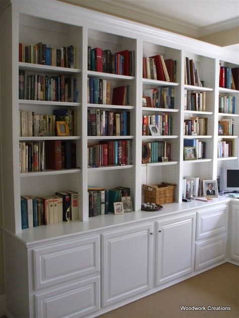 Wood Work Creations/built-in bookshelves Home Office Built Ins, Table Woodworking, Office Built Ins, Office Bookshelves, White Bookshelves, Home Library Design, Bookcase Wall, White Bookcase, Bookshelves Diy