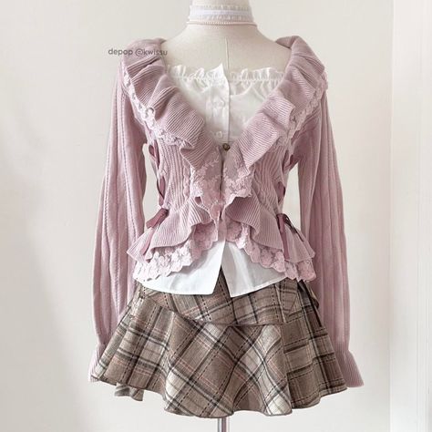 Cute Outfit Inspo Summer, Morikei Outfits, Shoujo Aesthetic, Himekaji Outfits, Shoujo Girl, Button Front Sweater, Muted Purple, Kei Fashion, Future Outfit