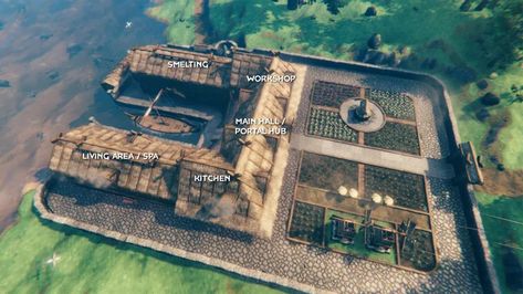 Valheim Village Layout, Valheim Garden Design, Valheim Wall Design, Valheim Swamp Base, Valheim Castle Ideas, Valheim Boar Pen, Valheim Stone Build, Valheim Crafting Area, Valheim Base Layout