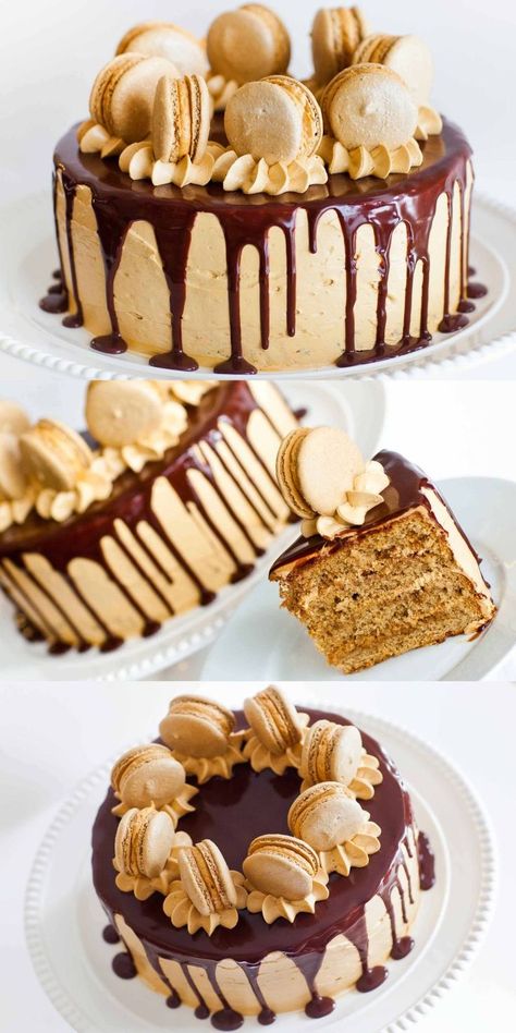 Bananoffee Cake, Cakes With Ganache, Coffee Caramel Cake, Layered Cake Ideas, Kahula Cake, Caramel Coffee Cake, Coffee Macarons, Cake With Chocolate Ganache, Coffee Caramel