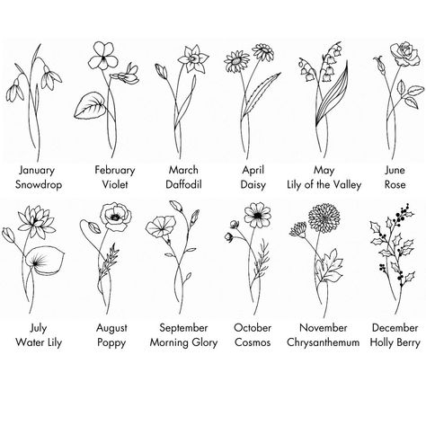 Birth Month Flower Line Drawing, Flowers For Each Month Tattoo, Small Birth Month Flower Tattoo, Embroidery Birth Flowers, Embroidery Tattoo Flower, Birth Flowers Embroidery, Birth Flower Embroidery Pattern, Birth Month Flowers Tattoo Combined, Flower Tattoo Inner Bicep