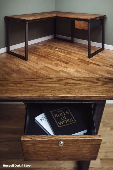 Customise your industrial-style corner desk with single drawers, double drawers, or a filing cabinet. We offer over 50 options to customise your desk! Office Computer Table, Corner Desks, Industrial Office Furniture, L Shaped Corner Desk, Cable Trays, Desk With Drawer, Portfolio Examples, Drawer Filing Cabinet, Privacy Panels