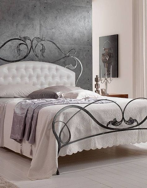 Infabbrica Ethos wrought iron bed with tufted headboard Rod Iron Beds, Wrought Iron Headboard, Cast Iron Bed Frame, Wrought Iron Bed Frames, White Iron Beds, Iron Headboard, Bed Frame Hardware, Wrought Iron Beds, Iron Beds