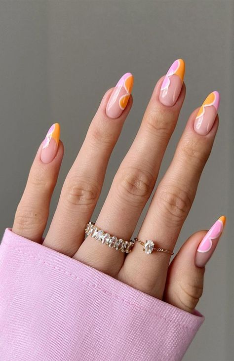 French Tip Gel Nails, Orange Nail Designs, Almond Nails Designs, Cute Summer Nails, Vacation Nails, Trendy Nail Design, Summer Nails Colors, Orange Nails, Chic Nails