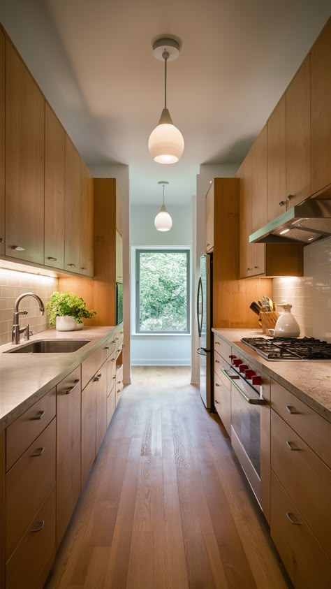 20 Galley Kitchen Ideas: Stylish Remodels, Layouts, and Design Tips for Narrow and Small Spaces Galley Kitchens With Islands, Miami House Interior, Vintage Galley Kitchen, Rustic Galley Kitchen, Flat Front Kitchen Cabinets, Recycled Countertops, Narrow Kitchens, Kitchens With Islands, Apt Kitchen