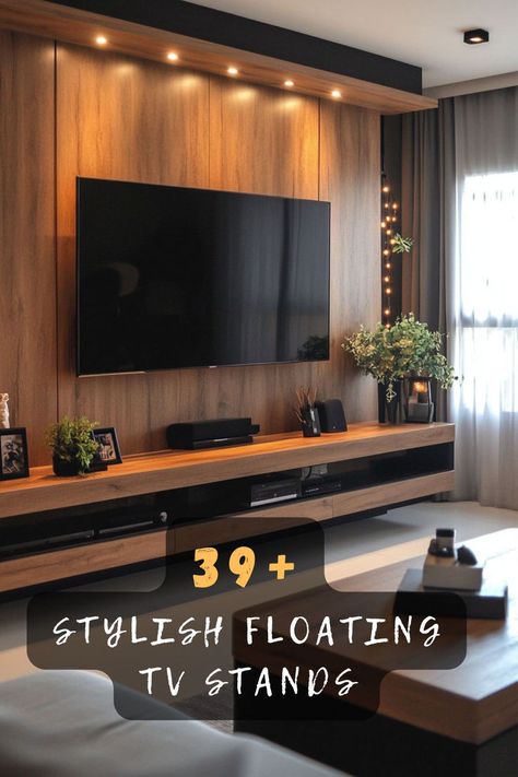 Searching for the perfect way to declutter your room? Check out these 39+ unique floating TV stands! They offer a sleek look while providing practical storage solutions. You’ll find styles that match any aesthetic. Click to explore more and find your ideal stand! 🌟🛋️ #DecorIdeas #FloatingTVStand #StylishFurniture #HomeInspo #LivingRoomDesign #InteriorTrends #ModernHome Floating Entertainment Shelf, Living Room With Floating Tv Stand, Floating Wall Tv Stand, Floating Media Console Living Room, Floating Console Table Under Tv, Tv Unit Between Two Windows, Floating Tv Cabinet Modern, Floating Tv Stand Ideas, Floating Shelves Living Room Around Tv