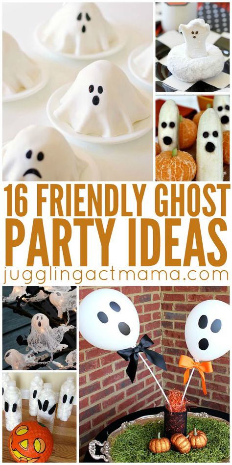 Cute Ghost Party Ideas - recipes, activities and more! http://jugglingactmama.com/2015/09/16-cute-ghost-party-ideas.html Ghost Party Ideas, Ghost Theme Party, Party Themes For Kids, Diy Halloween Food, Ghost Birthday, Ghostbusters Party, Ghost Theme, Ghost Party, Kid Friendly Halloween