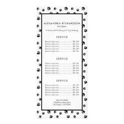 Black Paw Prints Pattern Pet Sitter Service Rack Card Dog Sitting Business, Pet Sitting Business, Dog Walking Services, Cat Paw Print, Rack Card, Business Card Inspiration, Dog Paw Print, Pet Sitting, Pet Sitters