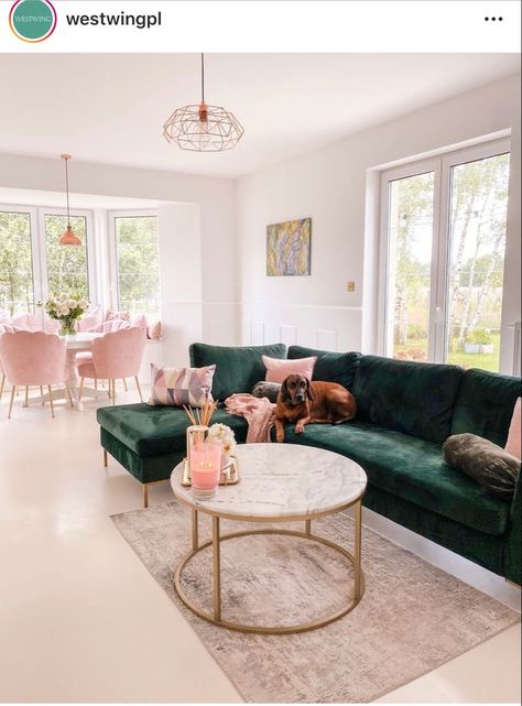 Living Room Aesthetic Cozy, Room Aesthetic Cozy, Rosa Sofa, Green Couch Living Room, Green Sofa Living Room, Pink Living Room Decor, Cute Living Room, Vibrant Living Room, Gold Living Room