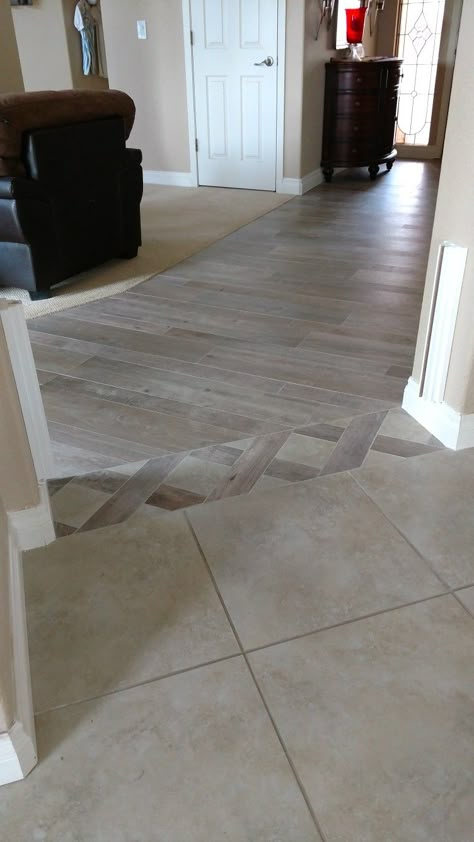 Tile transition from family room to kitchen. Tile To Wood Transition, Tile Transition, Transition Flooring, Living Room Tiles, Wood Tile Floors, Floor Tile Design, Room Tiles, Kitchen Floor Tile, Living Room Flooring